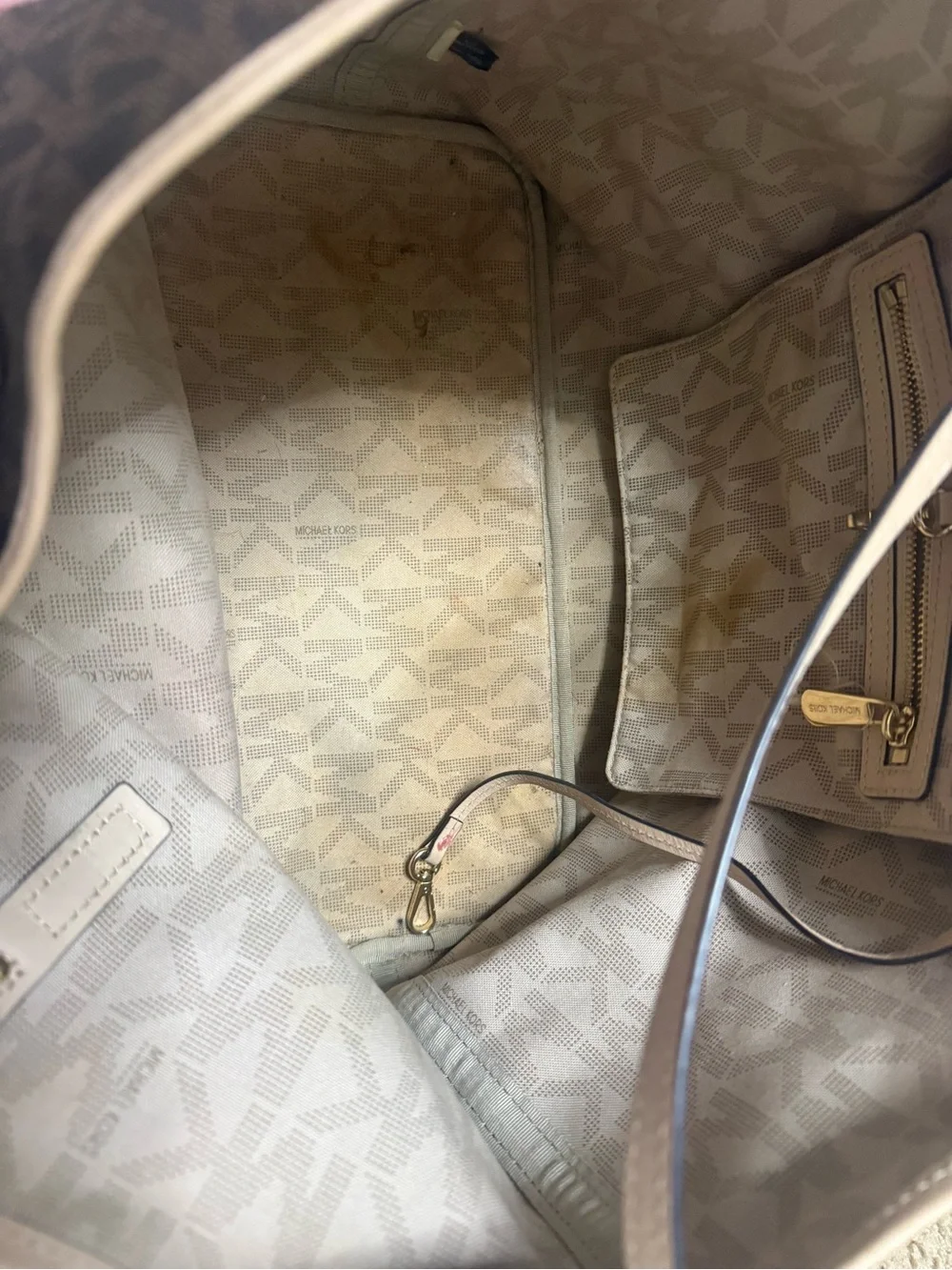 Michael Kors Cream Logo Satchel with Tan Leather Trim